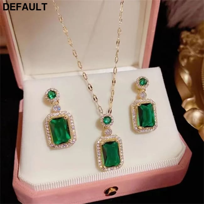 Classic Women’s Three-piece Jewelry Set Statement Emerald Ring Fashion Green Zircon Earring Necklace Wedding Sets