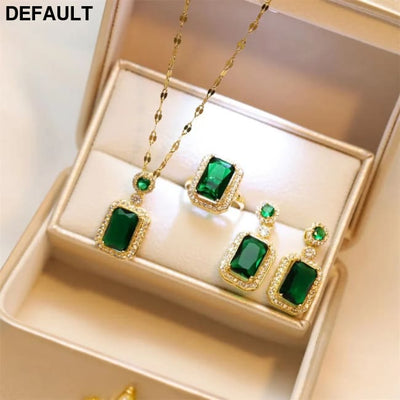 Classic Women’s Three-piece Jewelry Set Statement Emerald Ring Fashion Green Zircon Earring Necklace Wedding Sets