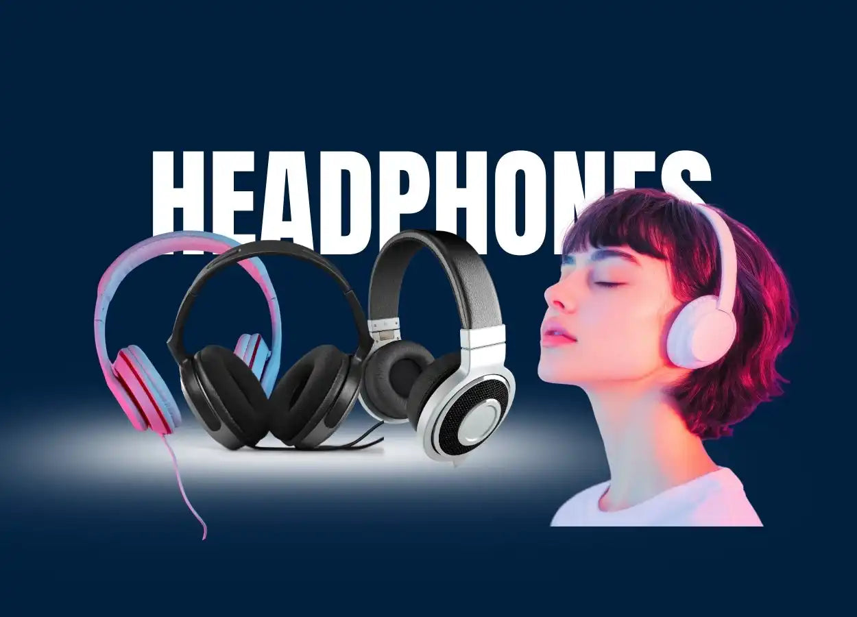 A collection of headphones, including over-ear and on-ear styles in various colors, with a young woman wearing a white pair.