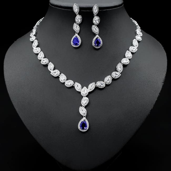 Colorful Zircon Necklace Earrings Clavicle Chain Female Noble Luxury Wedding Dress Three-piece Set Blue Sterling Silver