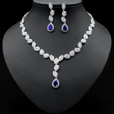 Colorful Zircon Necklace Earrings Clavicle Chain Female Noble Luxury Wedding Dress Three-piece Set Blue Sterling Silver