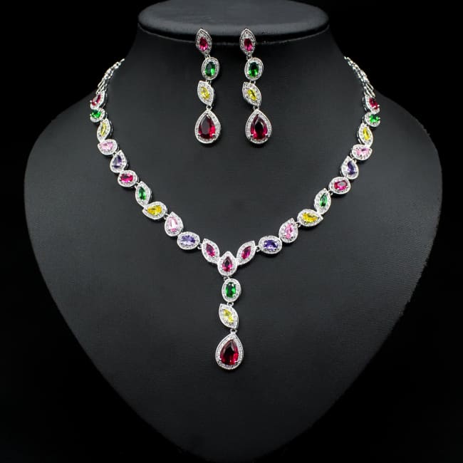 Colorful Zircon Necklace Earrings Clavicle Chain Female Noble Luxury Wedding Dress Three-piece Set Color Sterling