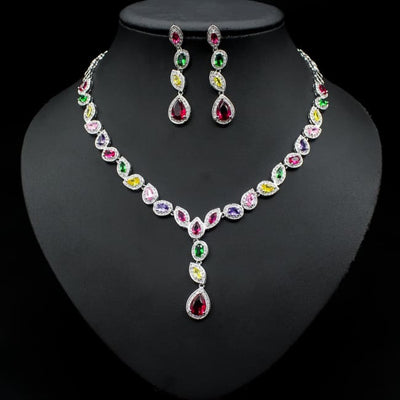 Colorful Zircon Necklace Earrings Clavicle Chain Female Noble Luxury Wedding Dress Three-piece Set Color Sterling