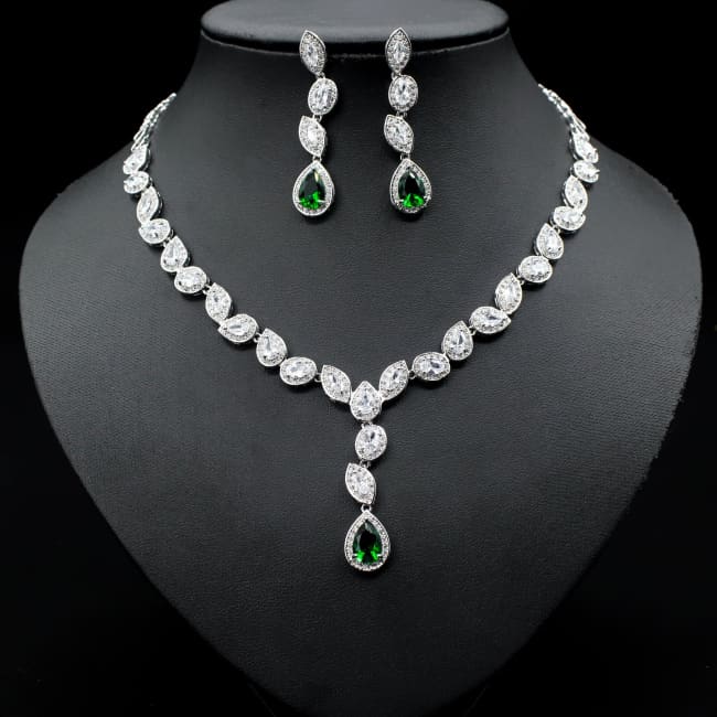 Colorful Zircon Necklace Earrings Clavicle Chain Female Noble Luxury Wedding Dress Three-piece Set Green Sterling