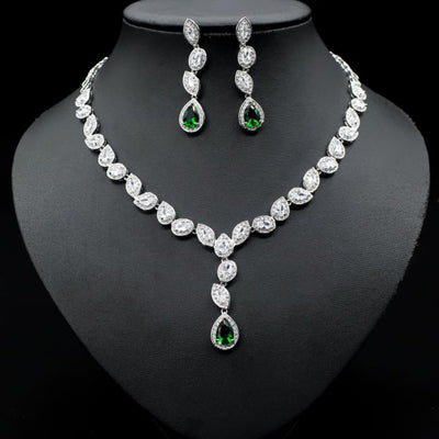 Colorful Zircon Necklace Earrings Clavicle Chain Female Noble Luxury Wedding Dress Three-piece Set Green Sterling