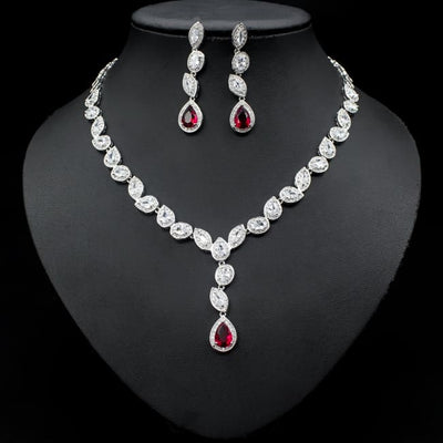 Colorful Zircon Necklace Earrings Clavicle Chain Female Noble Luxury Wedding Dress Three-piece Set Red Sterling Silver