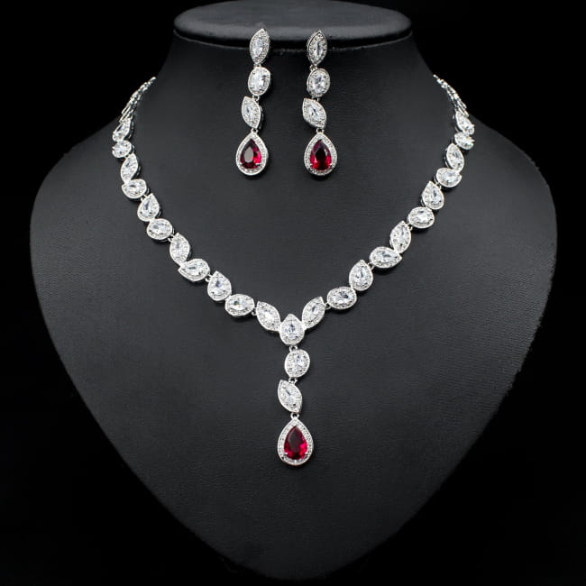 Colorful Zircon Necklace Earrings Clavicle Chain Female Red Sterling Silver Sets Necklaces Jewelry