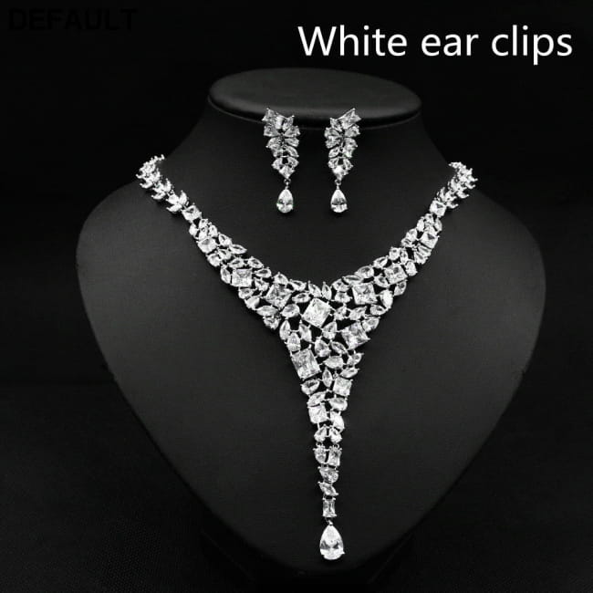 Colorful Zircon Necklace Set Wedding Dress Earring White ear clips Sterling Silver Sets Necklaces Jewelry