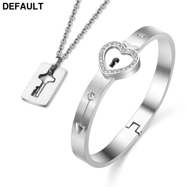 Couple Lovers Jewelry Love Heart Lock Bracelet Stainless Imitation Rhodium Plated Sterling Silver Necklace Sets