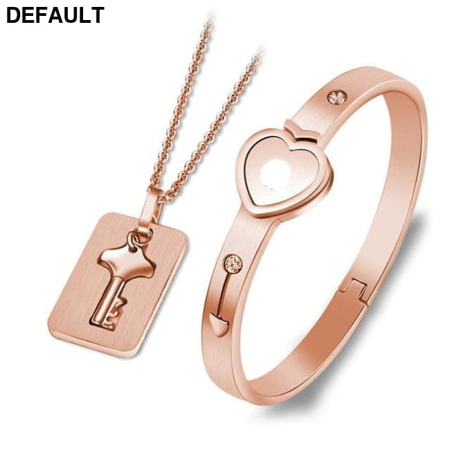 Couple Lovers Jewelry Love Heart Lock Bracelet Stainless Rose Gold Color Sterling Silver Necklace Sets Necklaces