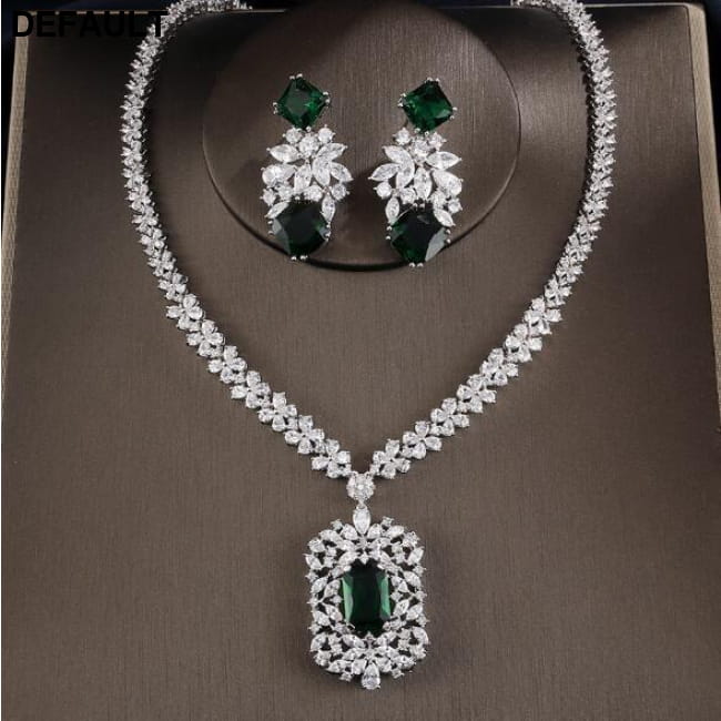 Cubic Zirconia Tag Necklace Earring Jewelry Set Green Sterling Silver Sets Necklaces