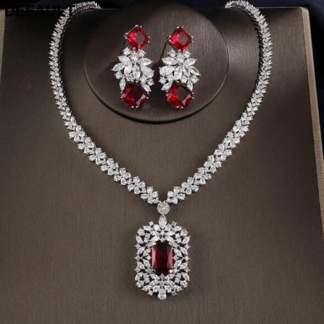 Cubic Zirconia Tag Necklace Earring Jewelry Set Red Sterling Silver Sets Necklaces