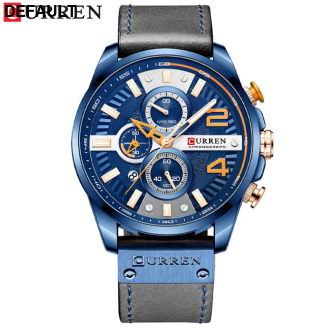 Curren 8393 Men’s Waterproof Leather Watch with Calendar Gray and blue Men Sport Watches