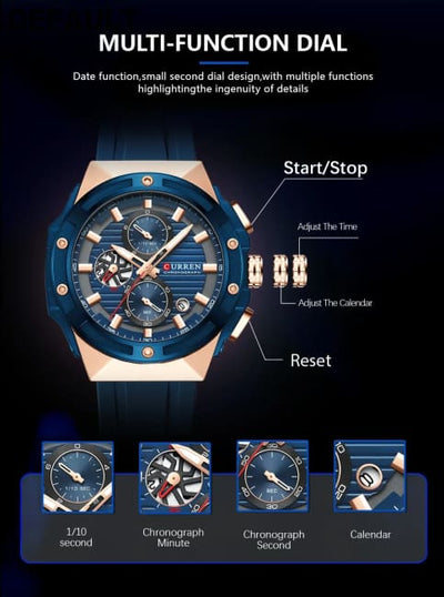 CURREN Fashionable Sports Multifunctional Chronograph Quartz Watch with Silicone Strap Creative Design Dial Luminous
