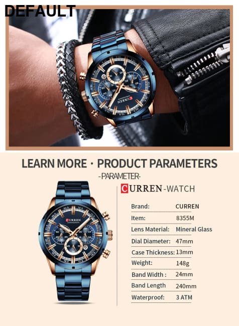 Curren Men’s Watch Blue Dial Stainless Steel Band Date Mens Business Male Watches Waterproof Luxuries Men Wrist