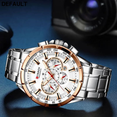 CURREN New Casual Sport Chronograph Men’s Watches Stainless Steel Band Wristwatch Big Dial Quartz Clock with Luminous