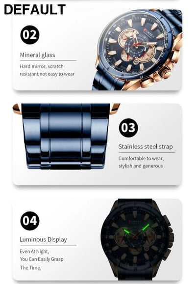 CURREN New Casual Sport Chronograph Men’s Watches Stainless Steel Band Wristwatch Big Dial Quartz Clock with Luminous