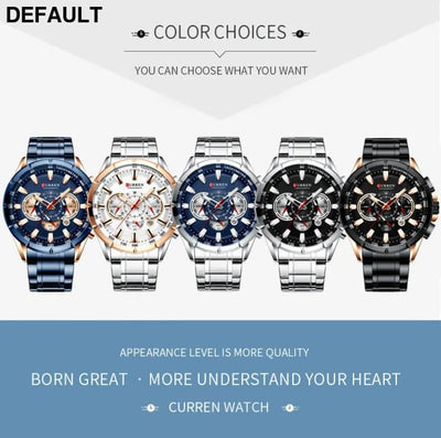 CURREN New Casual Sport Chronograph Men’s Watches Stainless Steel Band Wristwatch Big Dial Quartz Clock with Luminous