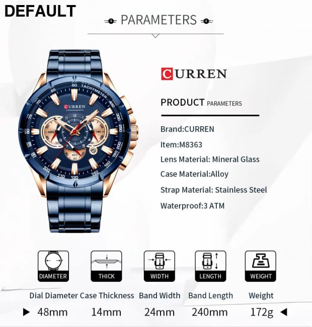 CURREN New Casual Sport Chronograph Men’s Watches Stainless Steel Band Wristwatch Big Dial Quartz Clock with Luminous