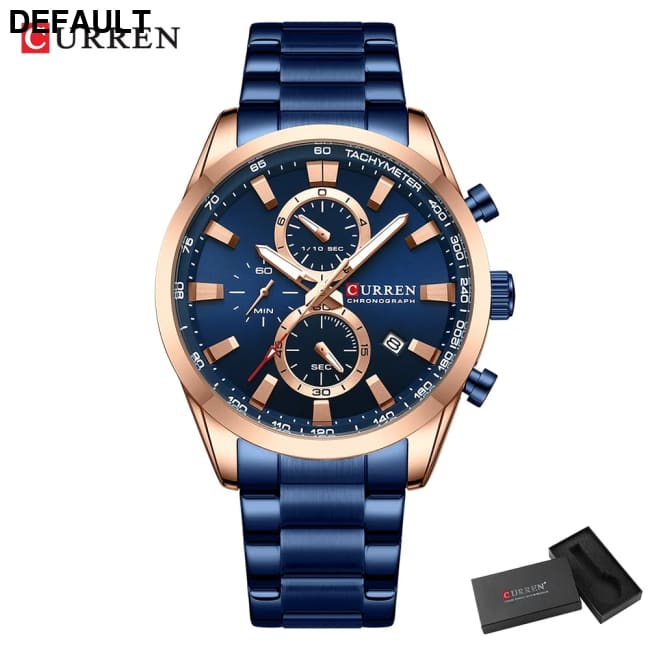 CURREN Quartz Chrono Sport Watch Brands for Men - Stainless Steel Bracelet and Multifunctional Dial blue box Watches