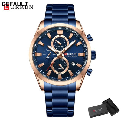 CURREN Quartz Chrono Sport Watch Brands for Men - Stainless Steel Bracelet and Multifunctional Dial blue box Watches
