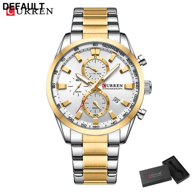 CURREN Quartz Chrono Sport Watch Brands for Men - Stainless Steel Bracelet and Multifunctional Dial gold white box