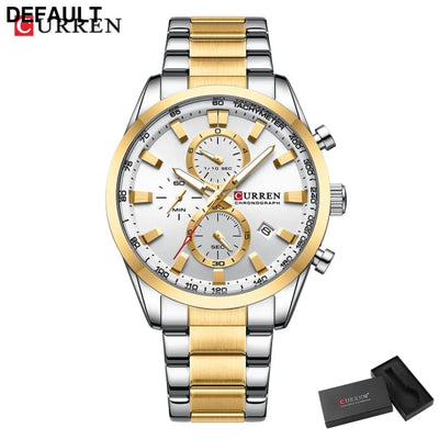 CURREN Quartz Chrono Sport Watch Brands for Men - Stainless Steel Bracelet and Multifunctional Dial gold white box