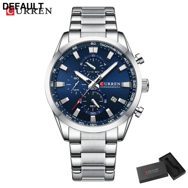CURREN Quartz Chrono Sport Watch Brands for Men - Stainless Steel Bracelet and Multifunctional Dial silver box Watches