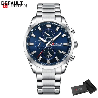 CURREN Quartz Chrono Sport Watch Brands for Men - Stainless Steel Bracelet and Multifunctional Dial silver box Watches