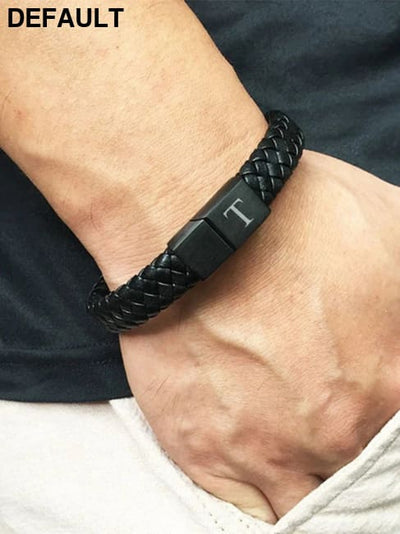 Custom Engraved Letter Bracelet for Men Single Layer Hand Woven Leather Metal Magnetic Closure Jewelry Birthday Gift