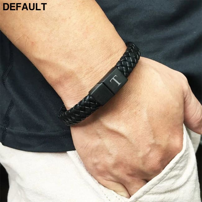 Custom Engraved Letter Bracelet for Men Single Layer Hand Woven Leather Metal Magnetic Closure Jewelry Birthday Gift
