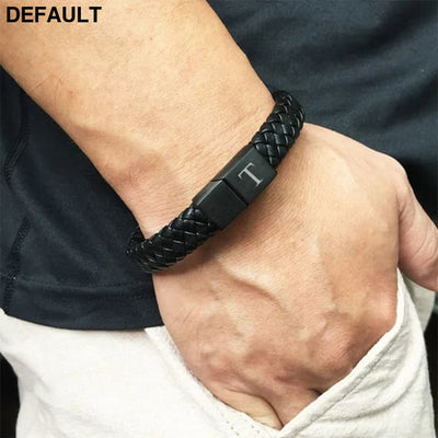 Custom Engraved Letter Bracelet for Men Single Layer Hand Woven Leather Metal Magnetic Closure Jewelry Birthday Gift