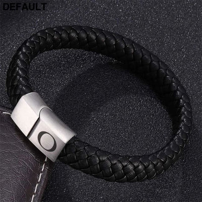 Custom Engraved Letter Bracelet for Men Single Layer Hand Woven Leather Metal Magnetic Closure Jewelry Birthday Gift