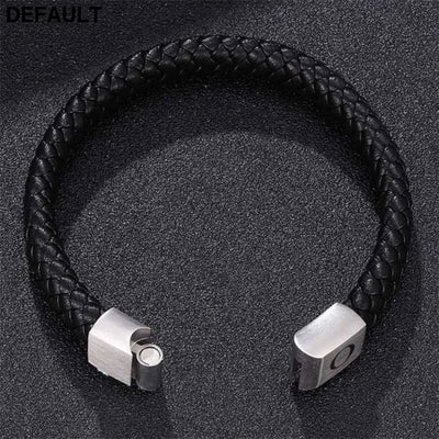 Custom Engraved Letter Bracelet for Men Single Layer Hand Woven Leather Metal Magnetic Closure Jewelry Birthday Gift