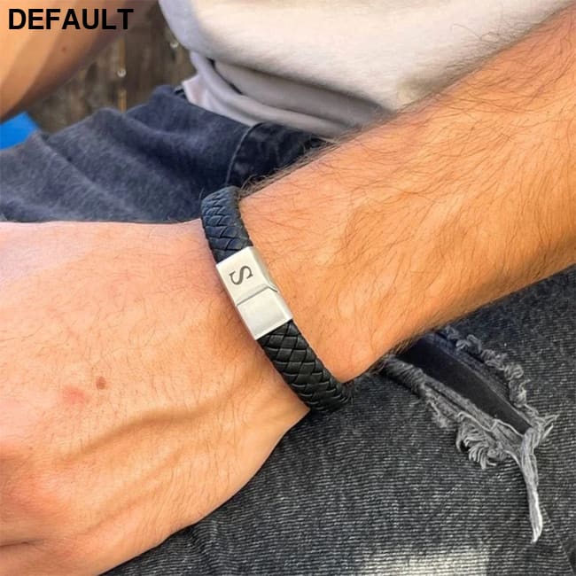 Custom Engraved Letter Bracelet for Men Single Layer Hand Woven Leather Metal Magnetic Closure Jewelry Birthday Gift