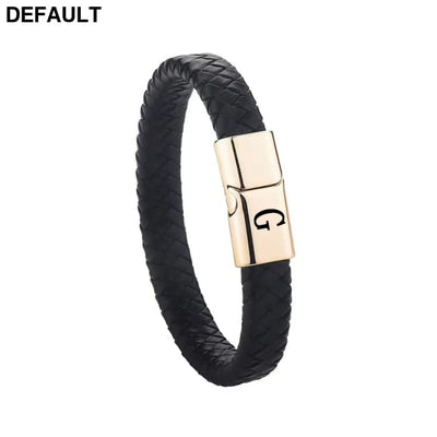 Custom Engraved Letter Bracelet for Men Single Layer Hand Woven Leather Metal Magnetic Closure Jewelry Birthday Gift