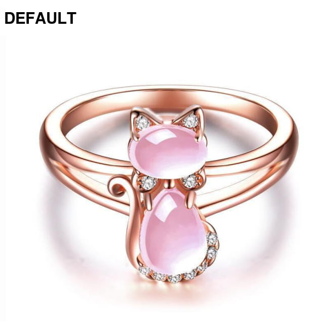 Cute Cat Animal CZ Ross Quartz Crystal Pink Opal Rings Sterling Silver