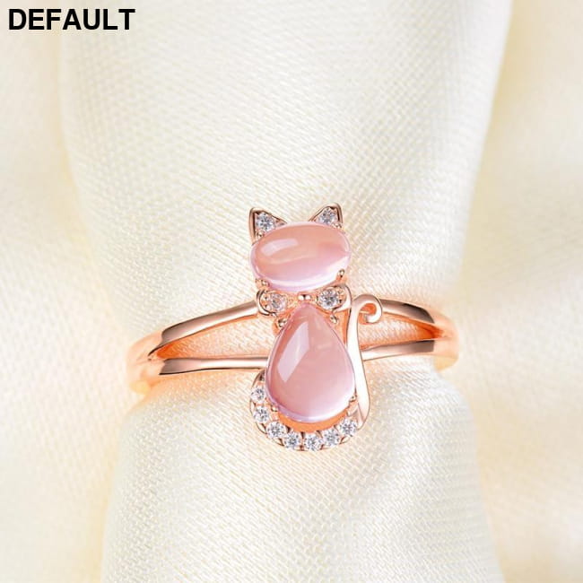 Cute Cat Animal CZ Ross Quartz Crystal Pink Opal Rings Sterling Silver