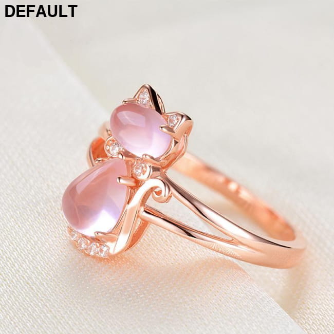 Cute Cat Animal CZ Ross Quartz Crystal Pink Opal Rings Sterling Silver