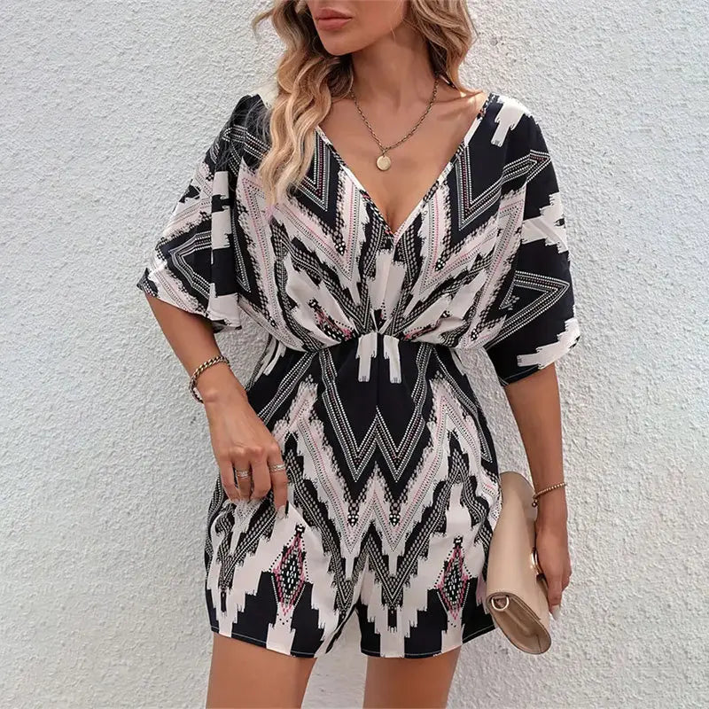 Printed V-neck Back Bandage Bow One-piece Shorts