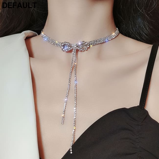 Dainty Crystal Bowknot Choker Necklace with Sparkly Rhinestones for Women Silvery Sterling Silver Necklaces