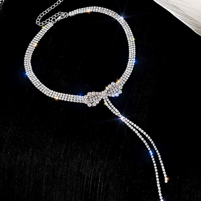 Dainty Crystal Bowknot Choker Necklace with Sparkly Rhinestones for Women Silvery Sterling Silver Necklaces