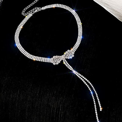 Dainty Crystal Bowknot Choker Necklace with Sparkly Rhinestones for Women Silvery Sterling Silver Necklaces
