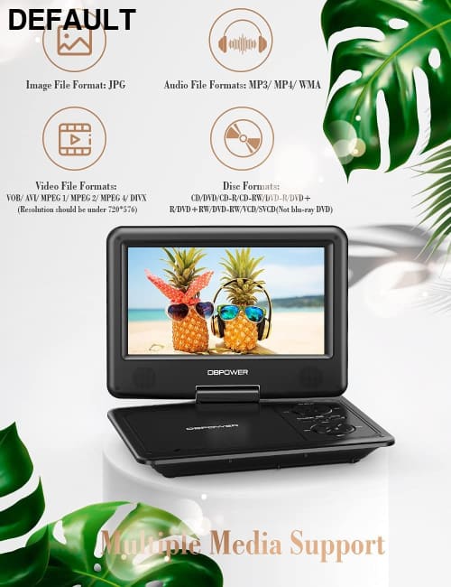 DBPOWER 11.5’’ Portable DVD Player 5-Hour Built-in Rechargeable Battery 9’’ Swivel Screen Support CD/DVD/SD Card/USB