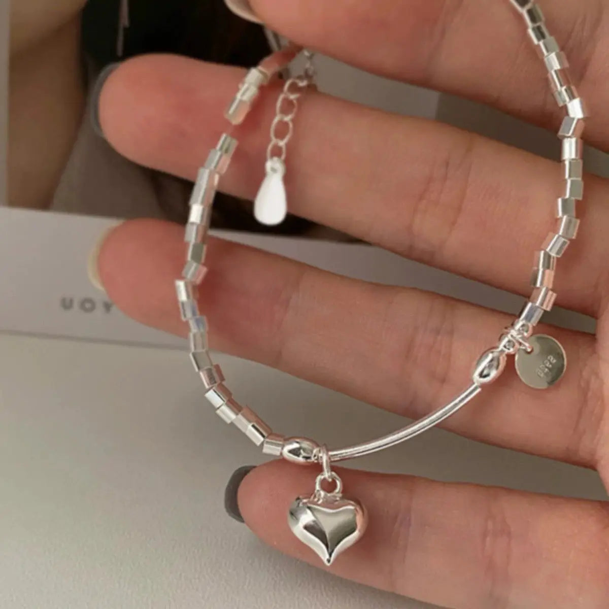 S925 Sterling Silver Square Charm Bracelet With Round Discs And Heart Pendants