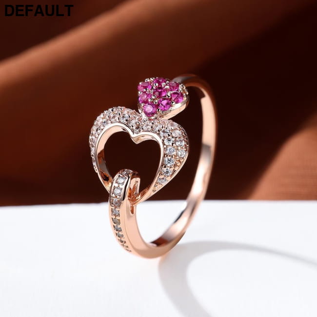 Delicate Double Heart Shape Ring Inlaid Pink Zircon 18K 7 / Rose Red Sterling Silver Rings Best Selling Products