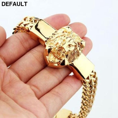 Domineering Alloy Lion Head Bracelet Men Stainless Steel Gold Color Franco Link Chain Biker A10183-Gold-22.5cm Bracelets