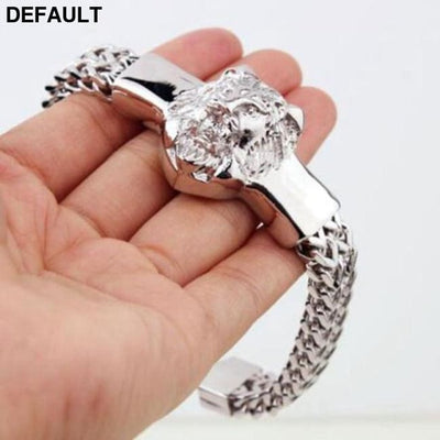 Domineering Alloy Lion Head Bracelet Men Stainless Steel Gold Color Franco Link Chain Biker A10183-Silver-22.5cm