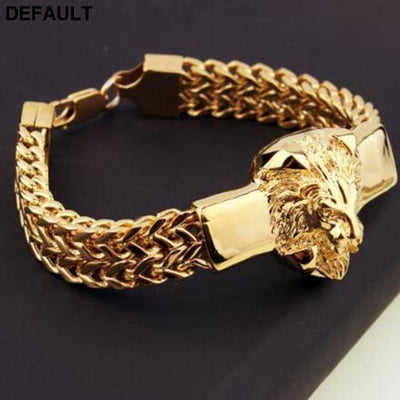 Domineering Alloy Lion Head Bracelet Men Stainless Steel Gold Color Franco Link Chain Biker Bracelets