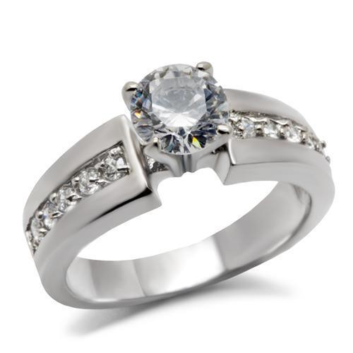 TK068 - High polished (no plating) Stainless Steel Ring with AAA Grade CZ in Clear